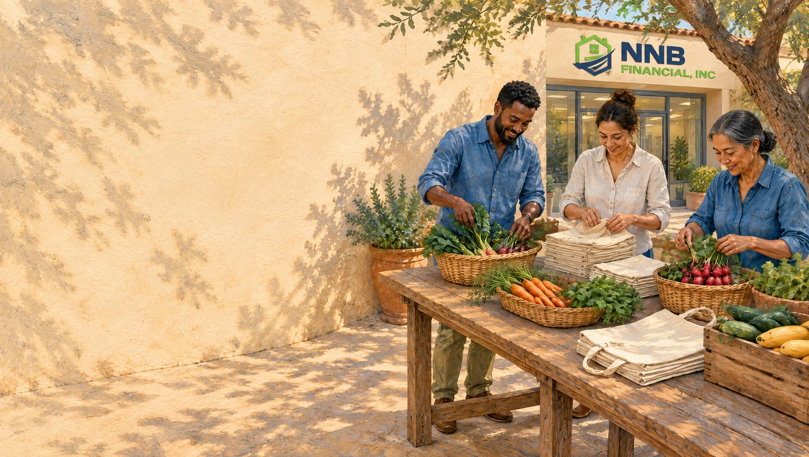 Illustration of neighbors preparing produce and reusable bags outside an NNB Financial branch.